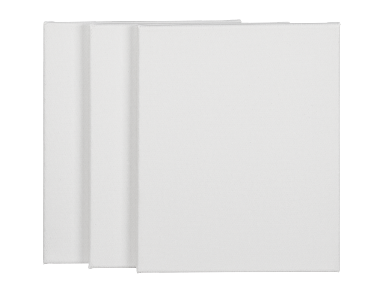 Három fehér, téglalap alakú vászon függőlegesen egymásra helyezve fekete háttér előtt.