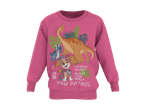 Pink sweatshirt med tegneseriedinosaurer, palmeblade og en hundehvalp med teksten 'No dinos too big No pups too small' og 'PAW PATROL'.