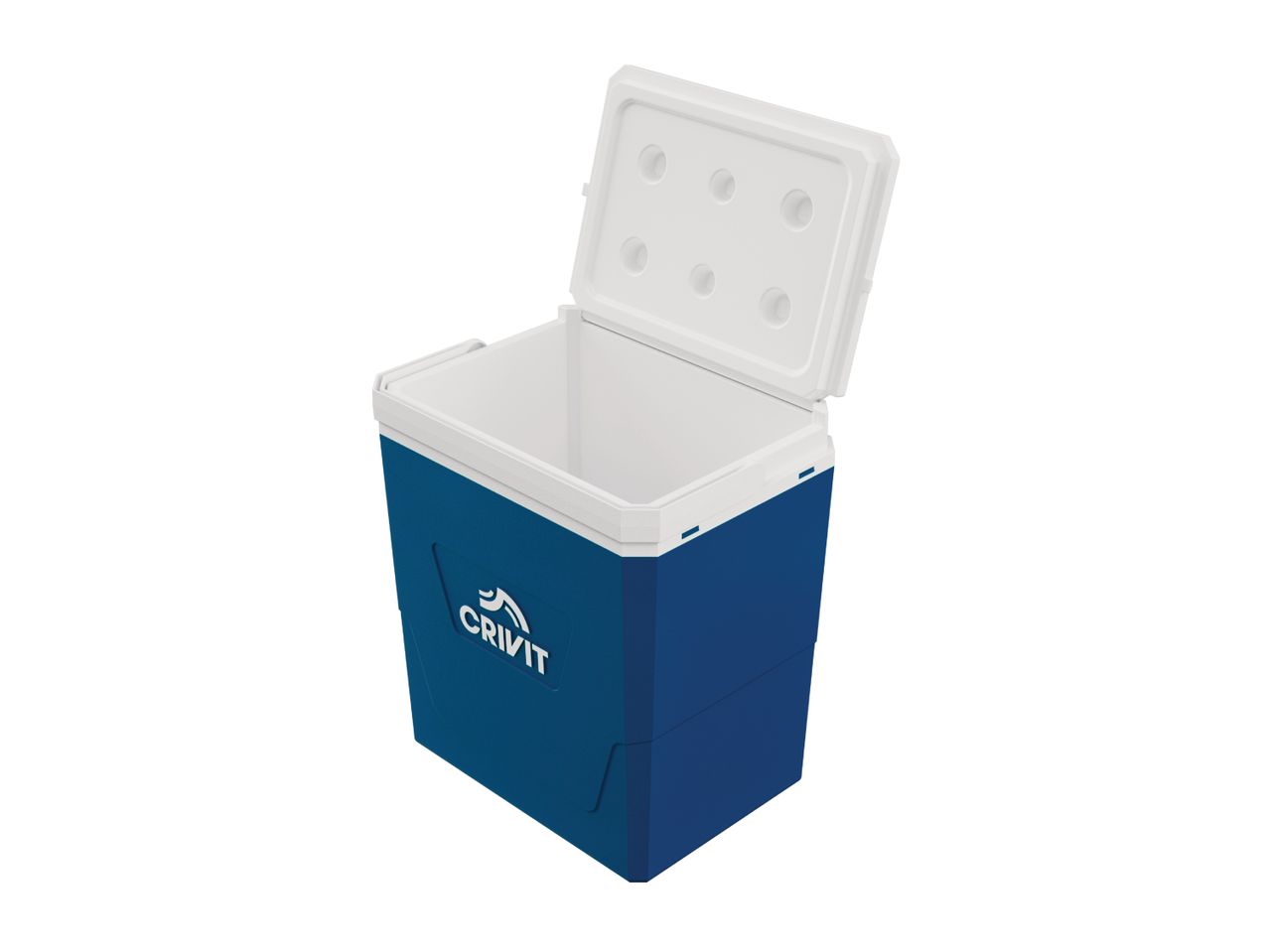 A Crivit blue and white cooler with the lid open, showcasing its interior space.