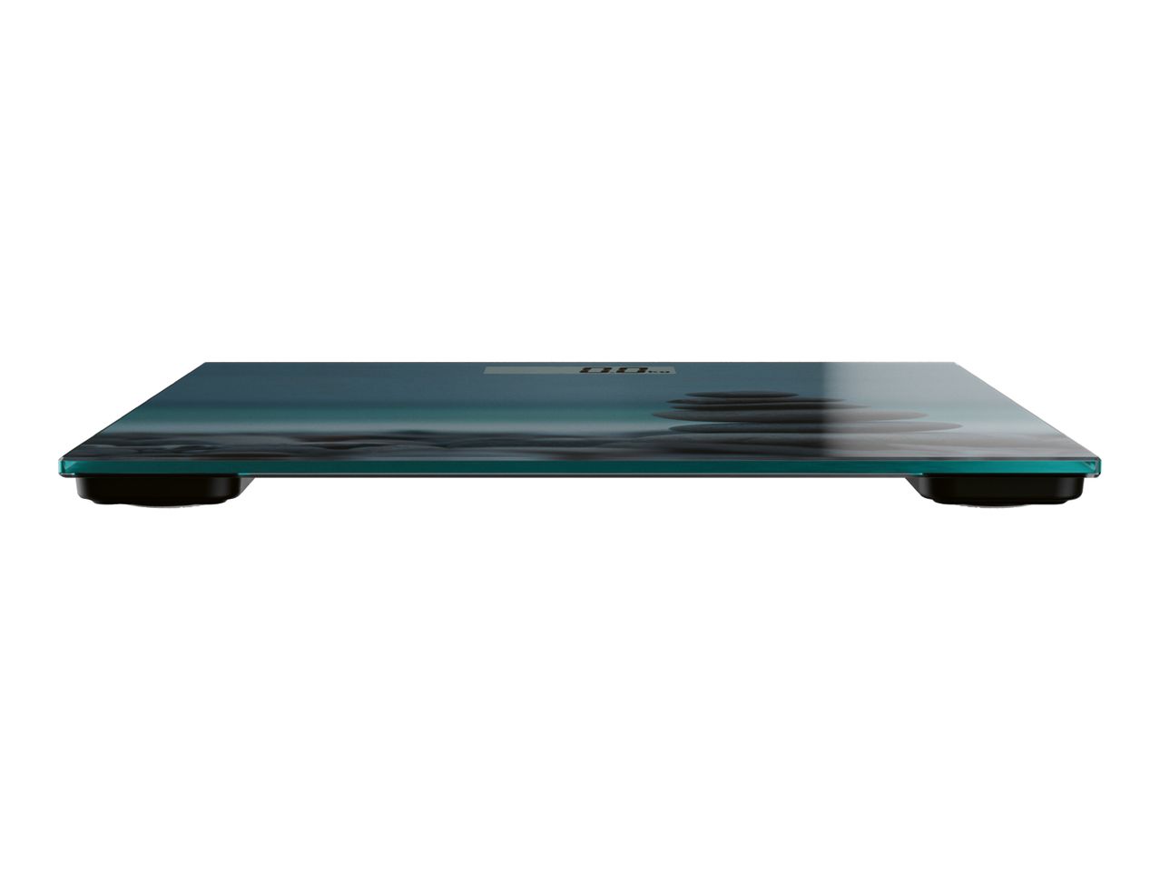 Digital bathroom scale with a serene stacked stone and water design.