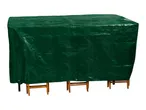 Green protective cover over a rectangular outdoor table and chairs.