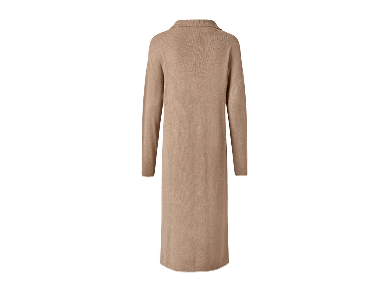 Back view of a long, light brown knitted cardigan with long sleeves and a collar.
