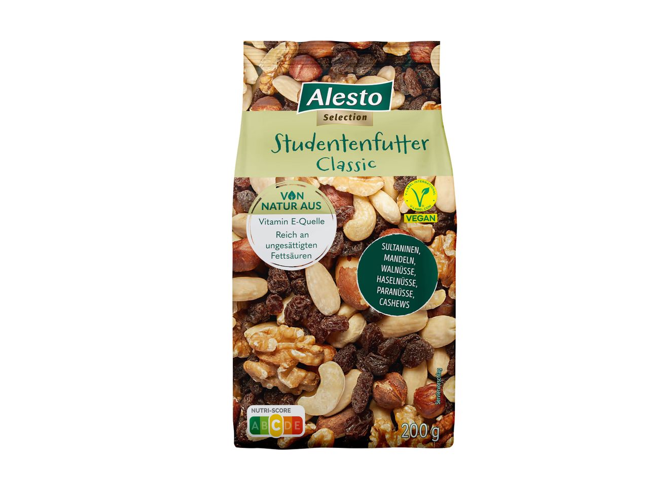Studentenfutter Classic mit Sultaninen, Mandeln, Walnüssen, Haselnüssen, Paranüssen und Cashews, 200g Packung