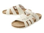 Pair of white women's cork sandals with multiple straps.