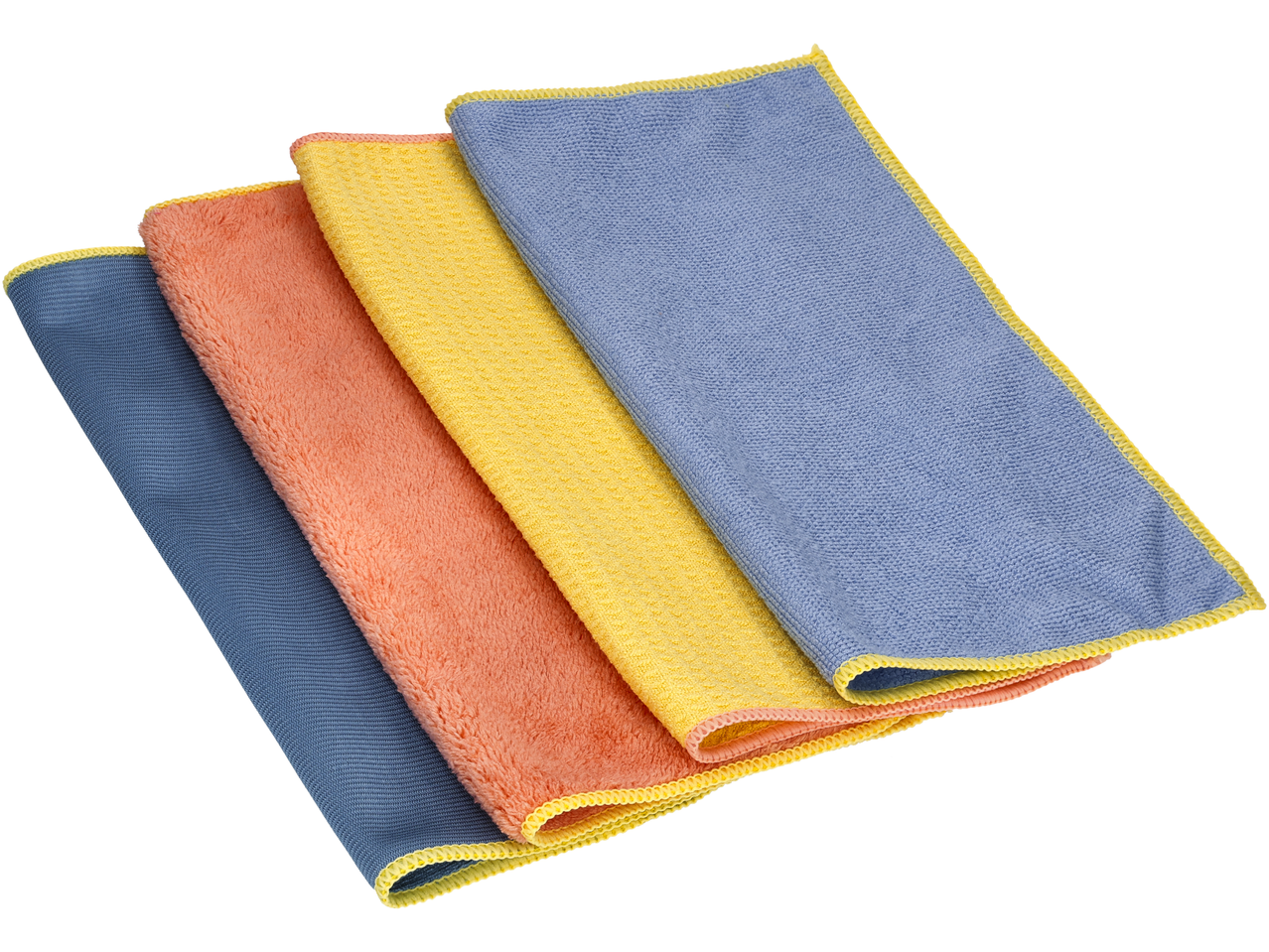 Conjunto de quatro panos de microfibra W5 em azul, laranja e amarelo.