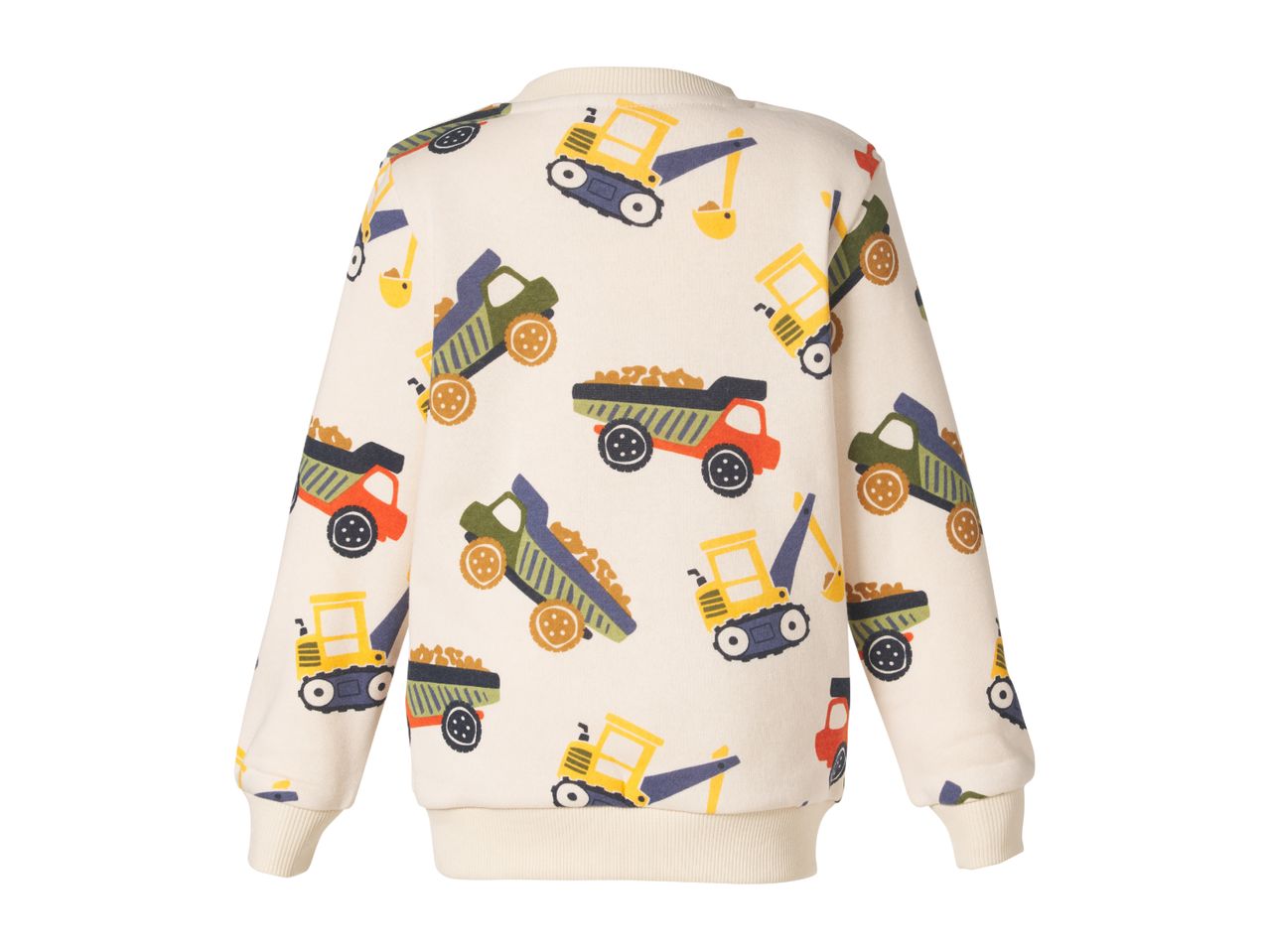 Kids' sweatshirt with a construction vehicle pattern, featuring excavators and dump trucks.