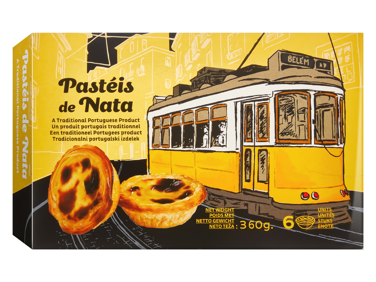 Pastéis de Nata, traditionele Portugese custardtaartjes, in een doos met illustratie van een Lissabonse tram.