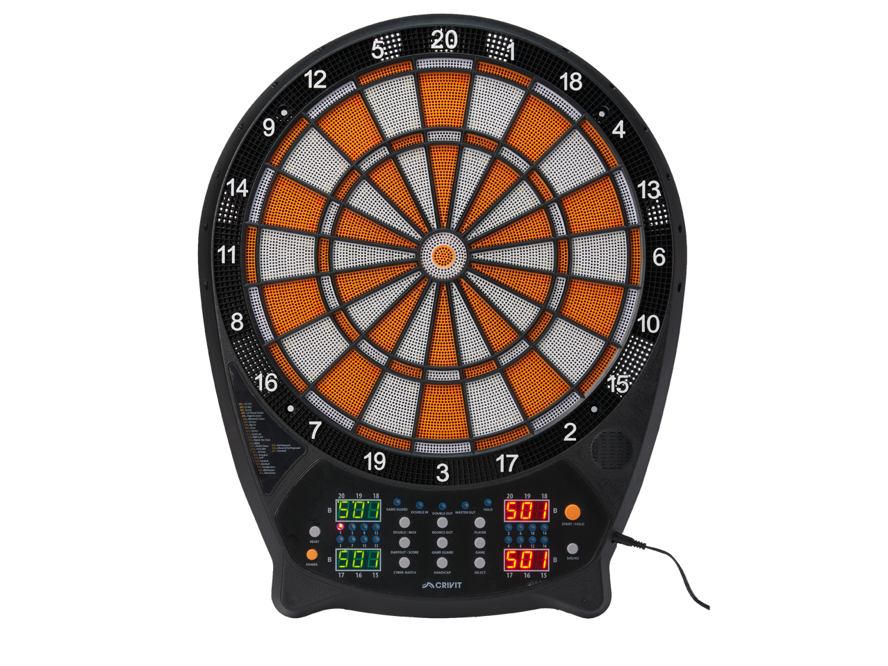 Електронна дартс мишена Crivit с оранжеви и бели сегменти, и дигитален дисплей.