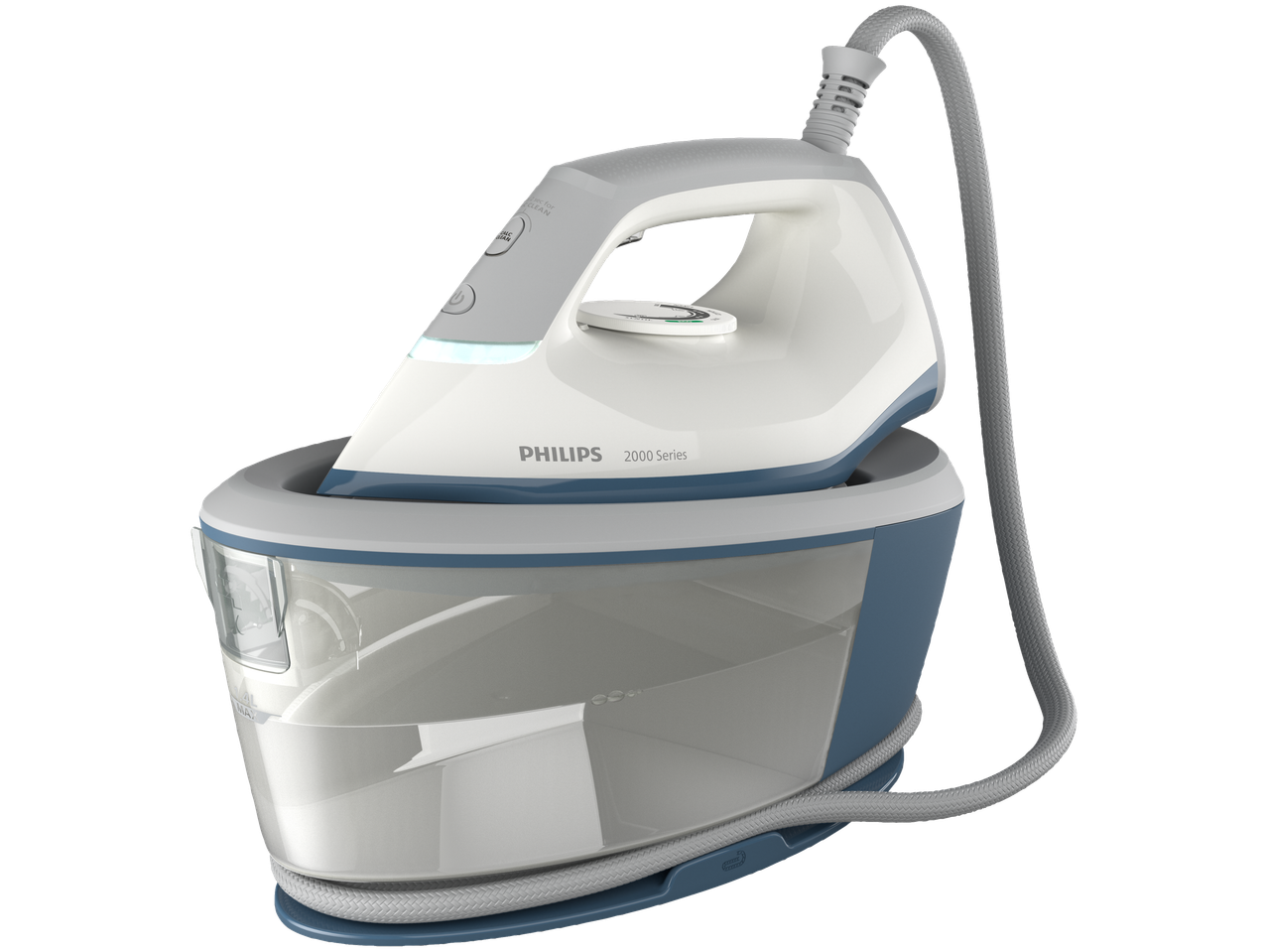 Philips 2000 Series steam generator iron with station, white and blue, on a black background.