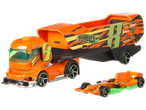 Hot Wheels komplekts: oranža kravas automašīna ar piekabi un oranža sacīkšu automašīna.