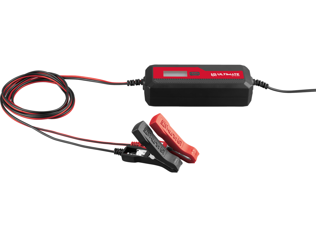 Punjač baterija Ultimate Speed sa crvenim i crnim štipaljkama.