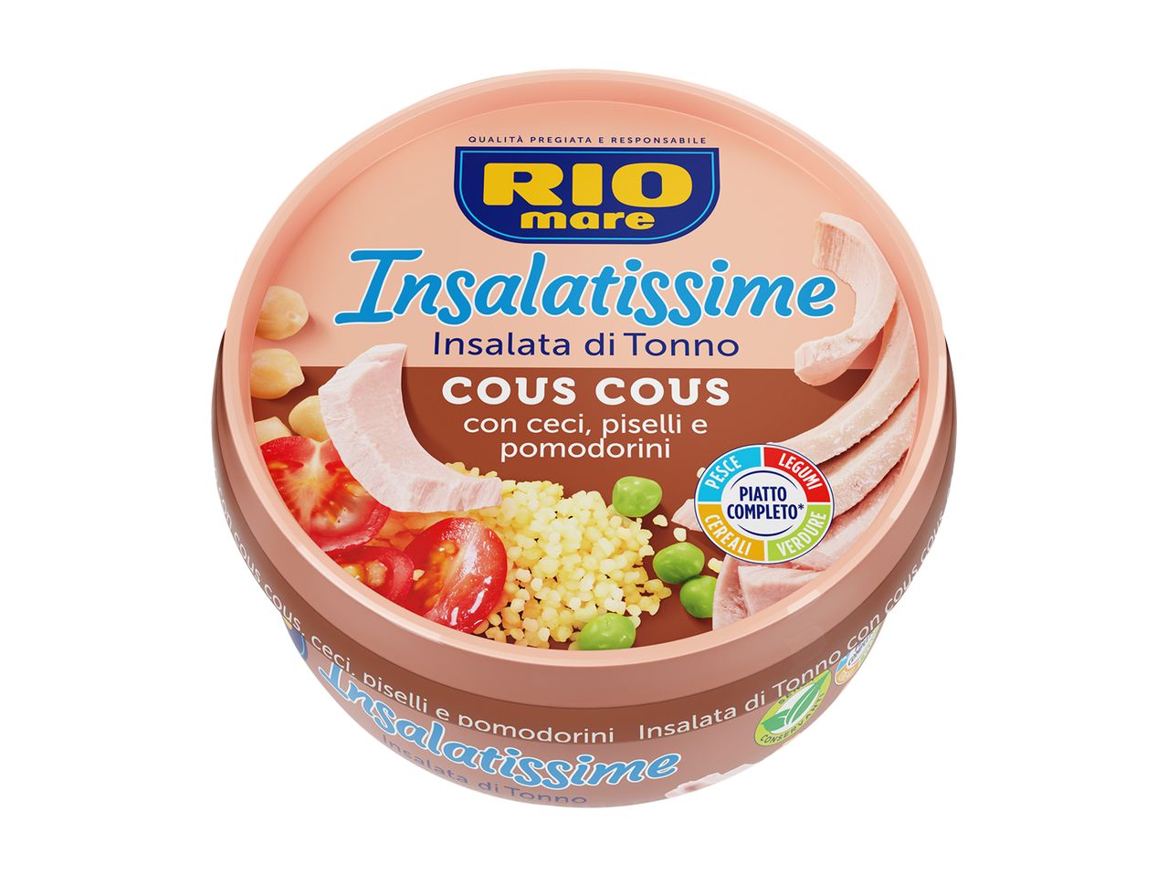Vaschetta Rio Mare Insalatissime Cous Cous con tonno, ceci, piselli e pomodorini.