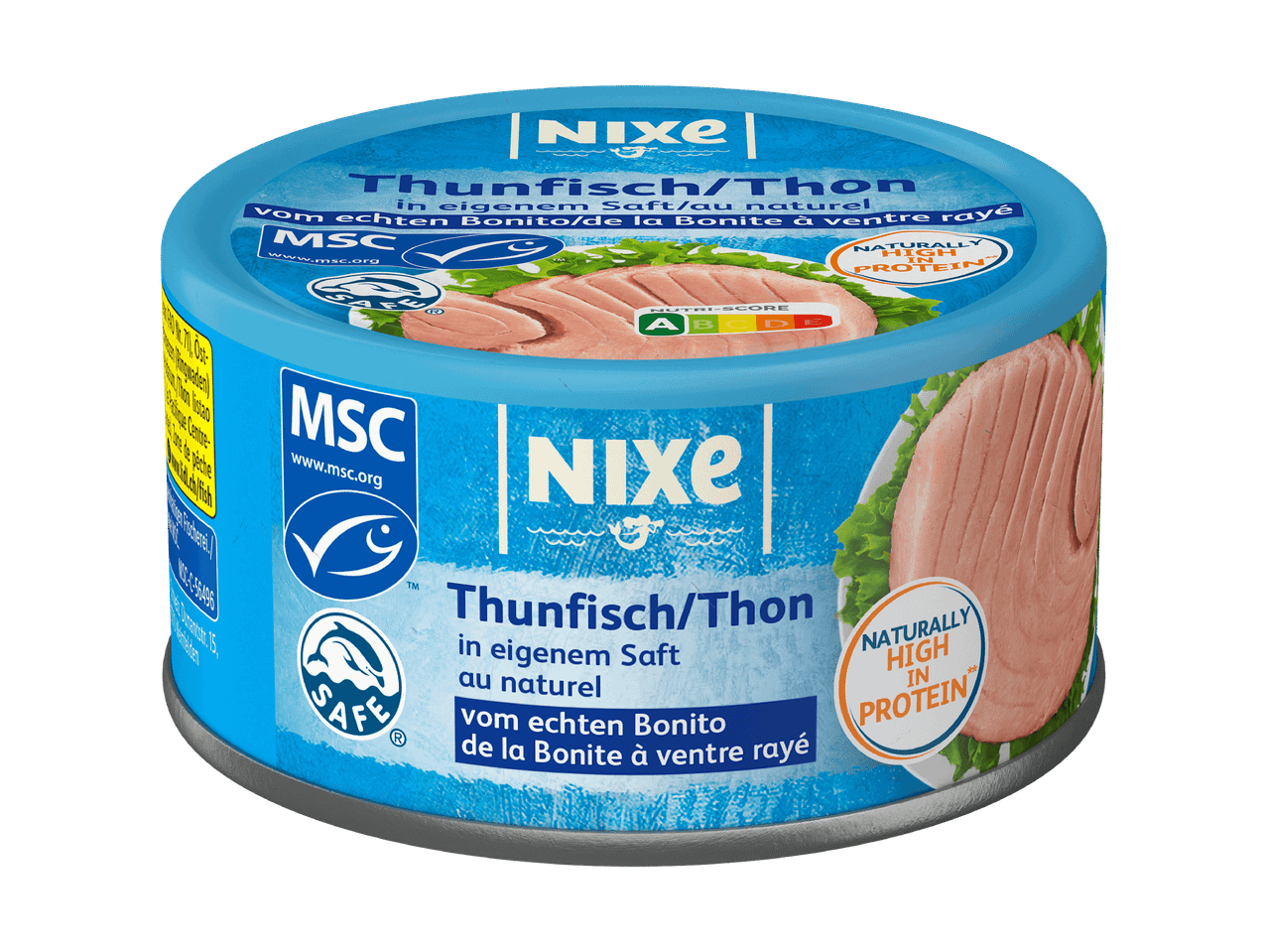 Lattina di tonno Nixe con etichette MSC e Nutri-Score.