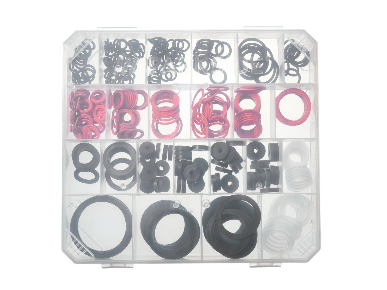 Conjunto de vedantes Parkside® com vedantes pretos, vermelhos e transparentes num organizador transparente.