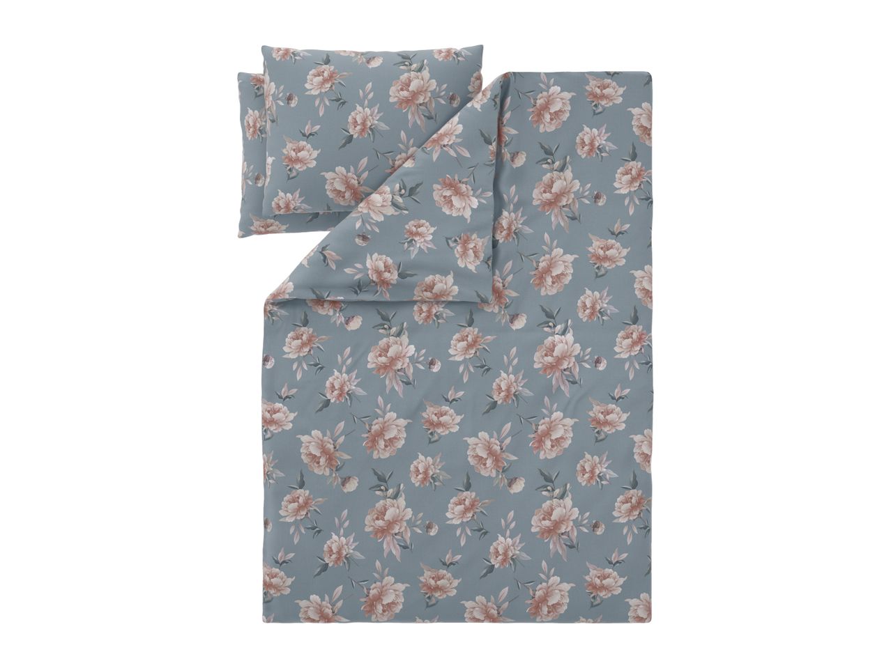 Duvet cover set with a floral pattern of pink peonies on a blue-grey background.