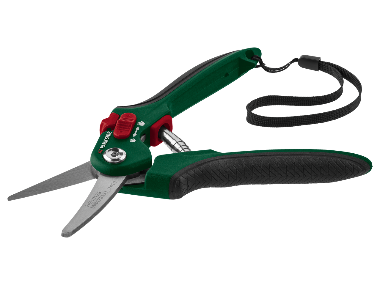 Parkside dārza šķēres ar ergonomisku rokturi un auklas.