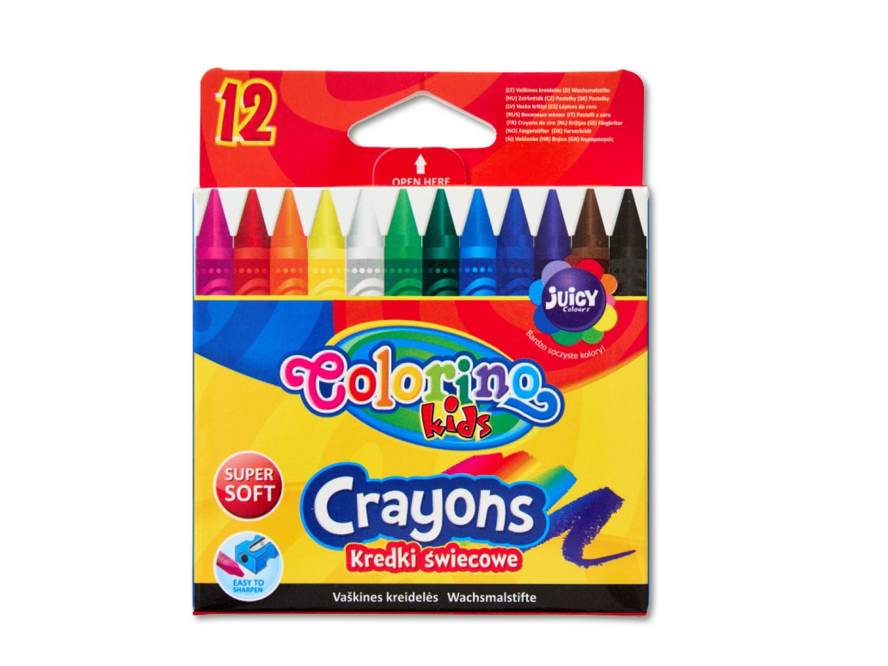 Värvilised vahakriidid lastele, pakendil on kiri 'Coloring kids Crayons'.