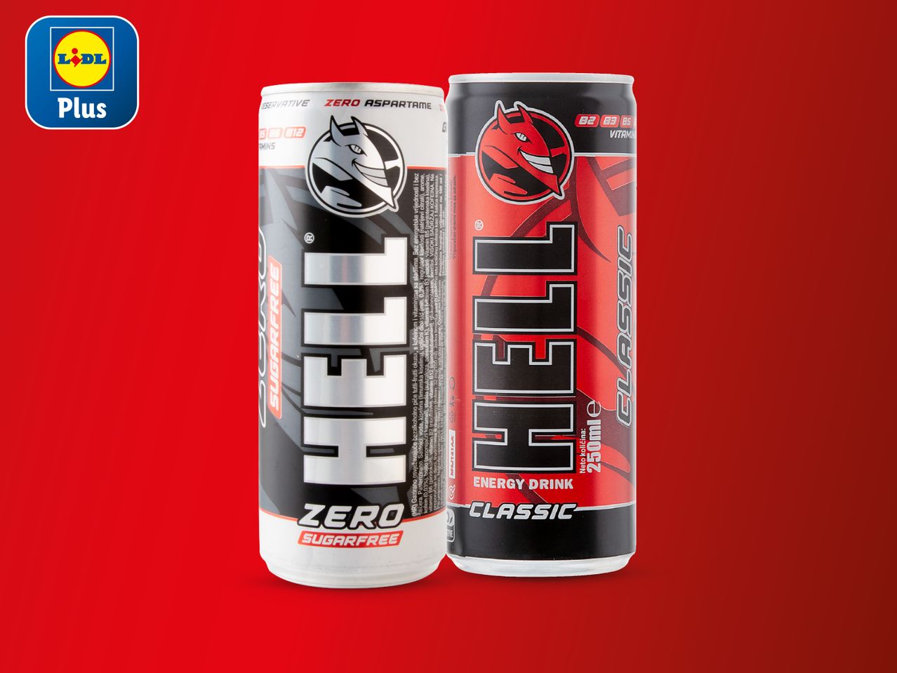 Dvije limenke Hell Energy napitka, jedna bijela (Zero), druga crvena (Classic).