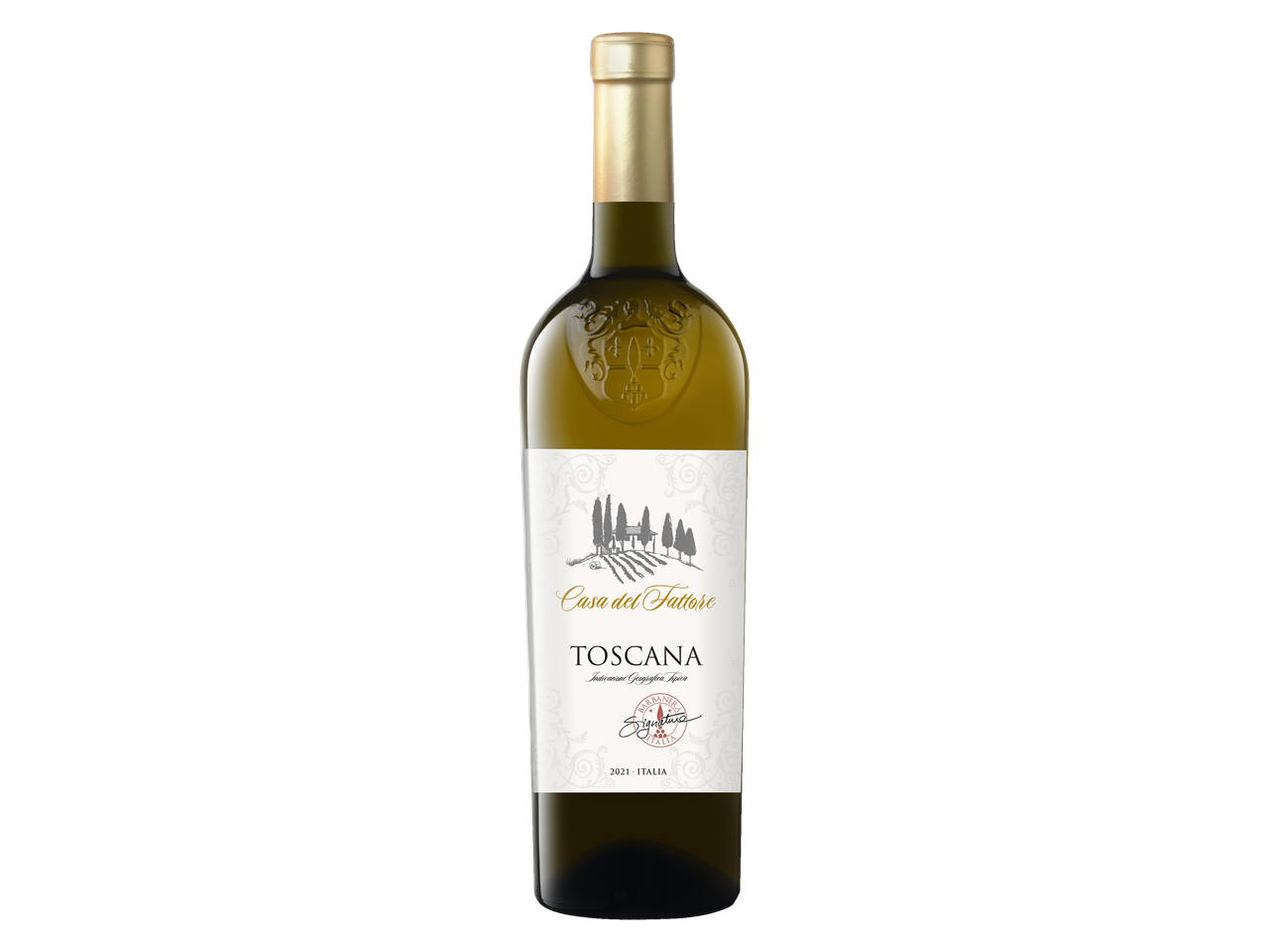 Fles Casa del Fattore Toscana witte wijn met een gouden dop.