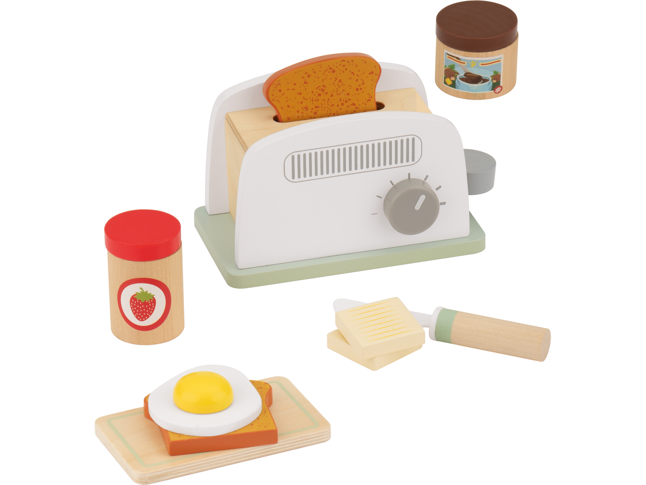Set di cibo giocattolo in legno con tostapane, toast, uovo fritto, burro e creme spalmabili.