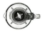 Top-down view of a clear glass blender jar with a four-blade assembly.