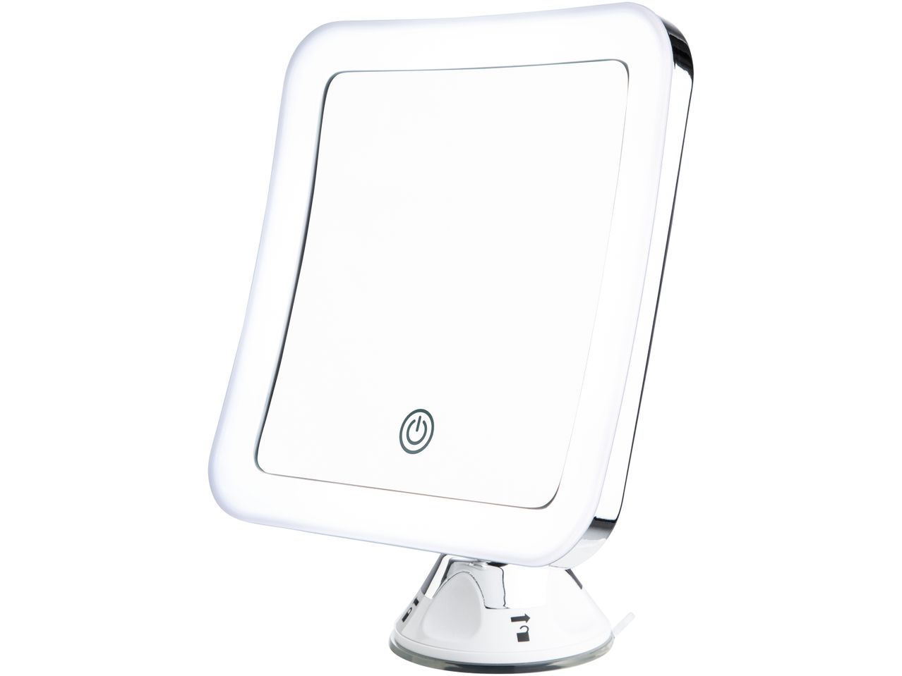 A white LED Make-Up Mirror with a chrome frame and suction cup base.