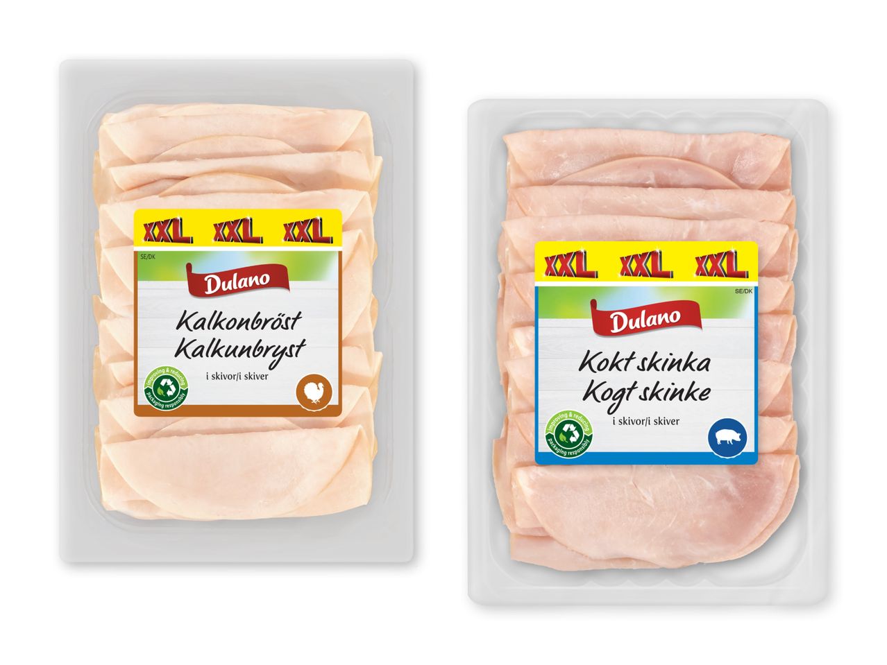 To pakker Dulano pålæg, kalkunbryst og kogt skinke, med XXL-mærkning.