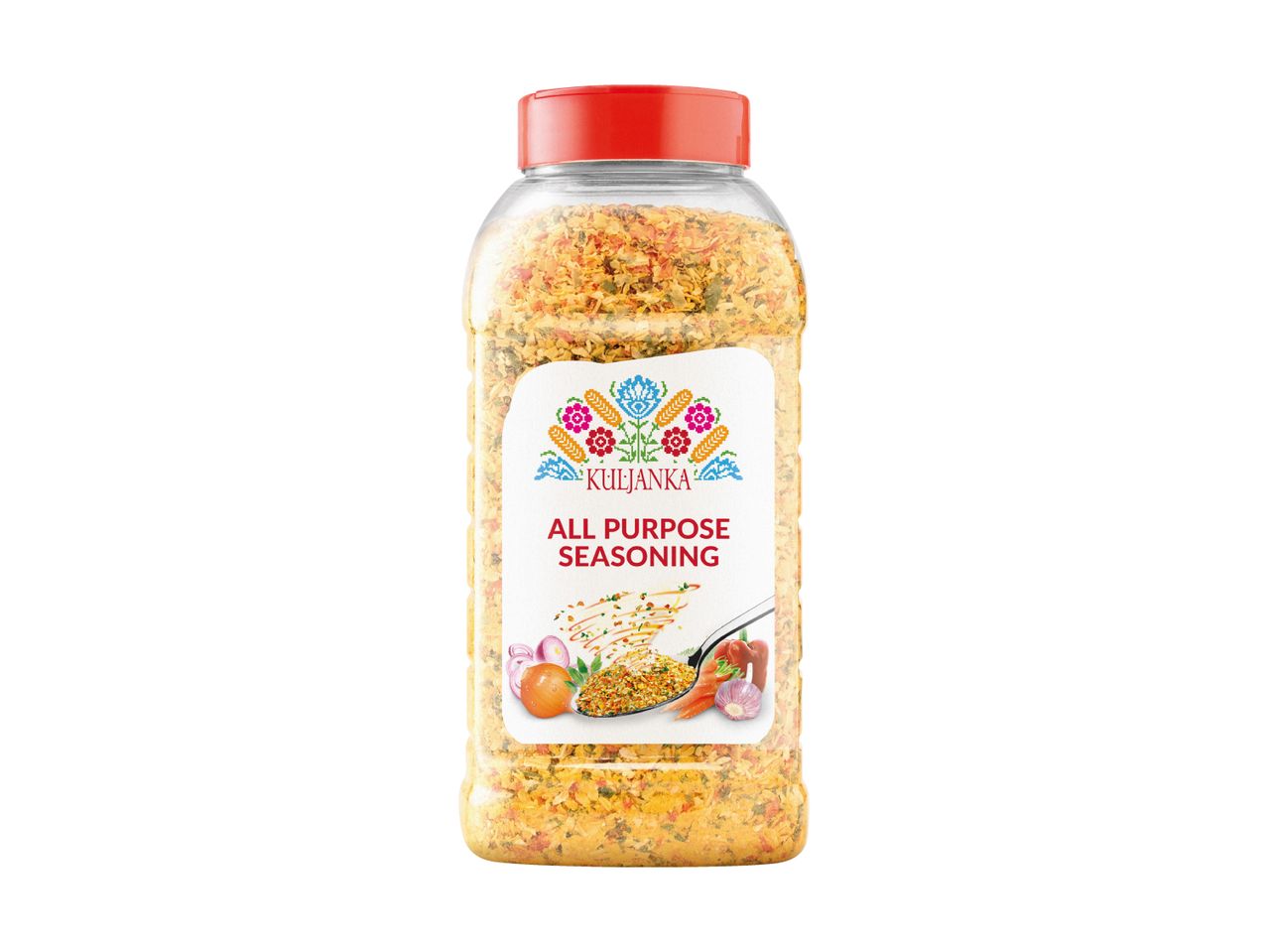 Kujanka All Purpose Seasoning in a clear plastic shaker with a red lid.