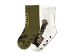 Zwei Paar Kindersocken mit Dinosaurier-Motiv, eines olivgrün, eines weiß