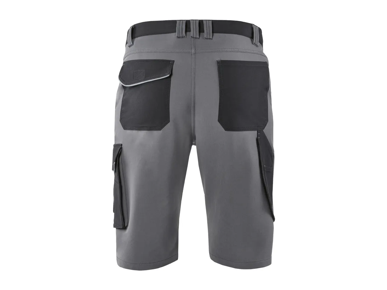 Men's grey work shorts with black utility pockets and reflective piping, back view.