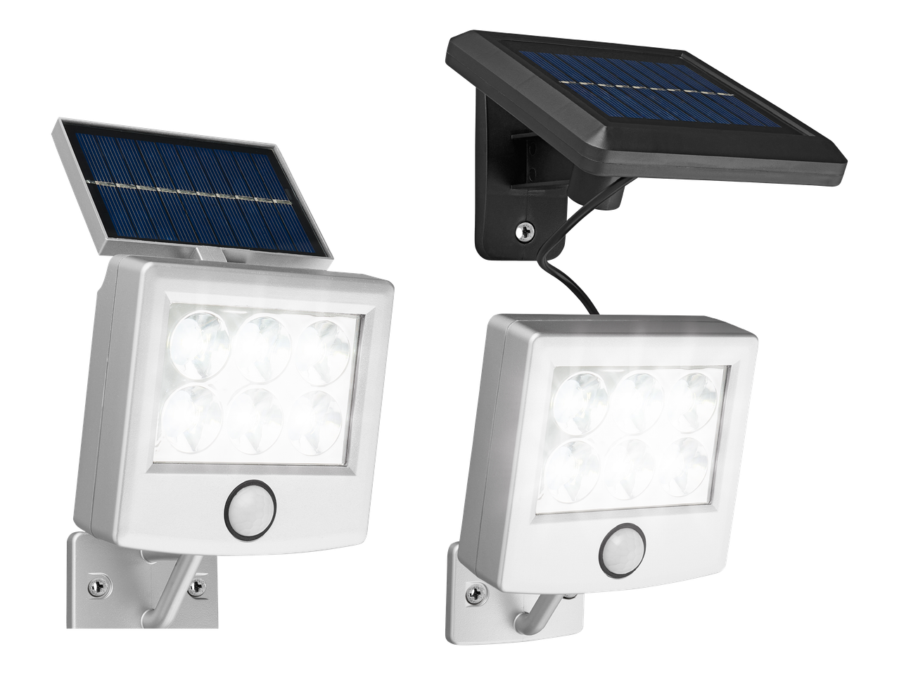 Dva solarna LED reflektora s detektorom pokreta, jedan s odvojenim solarnim panelom.