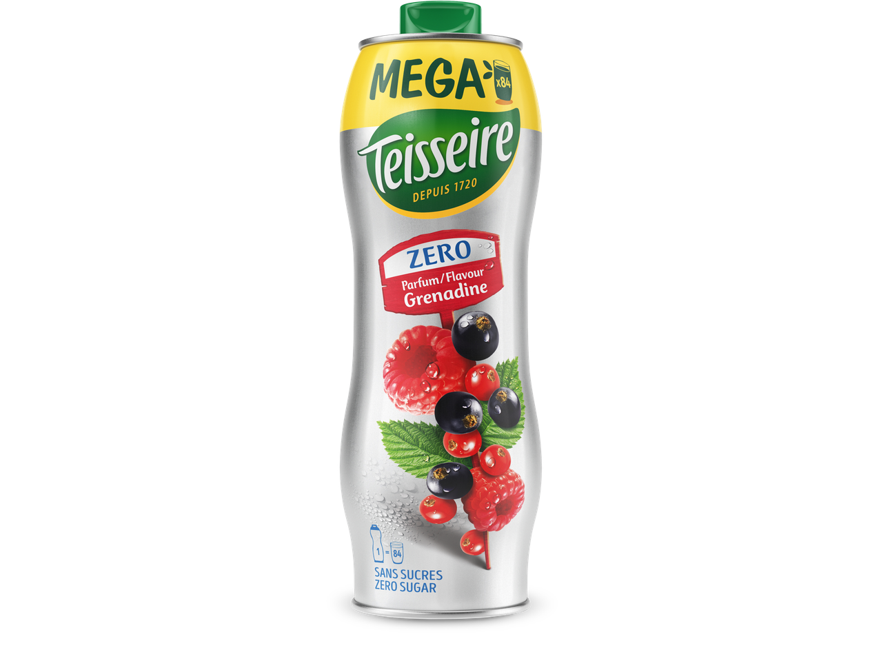 Teisseire Zero Grenadine siroopfles met frambozen, rode bessen en zwarte bessen.