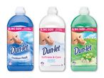 Tre Dun-let skyllemiddelflasker (2L) i farverne blå, hvid og grøn.