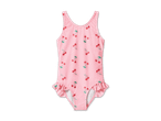 Rosa Badeanzug für Kinder mit Kirschmuster und Rüschen.