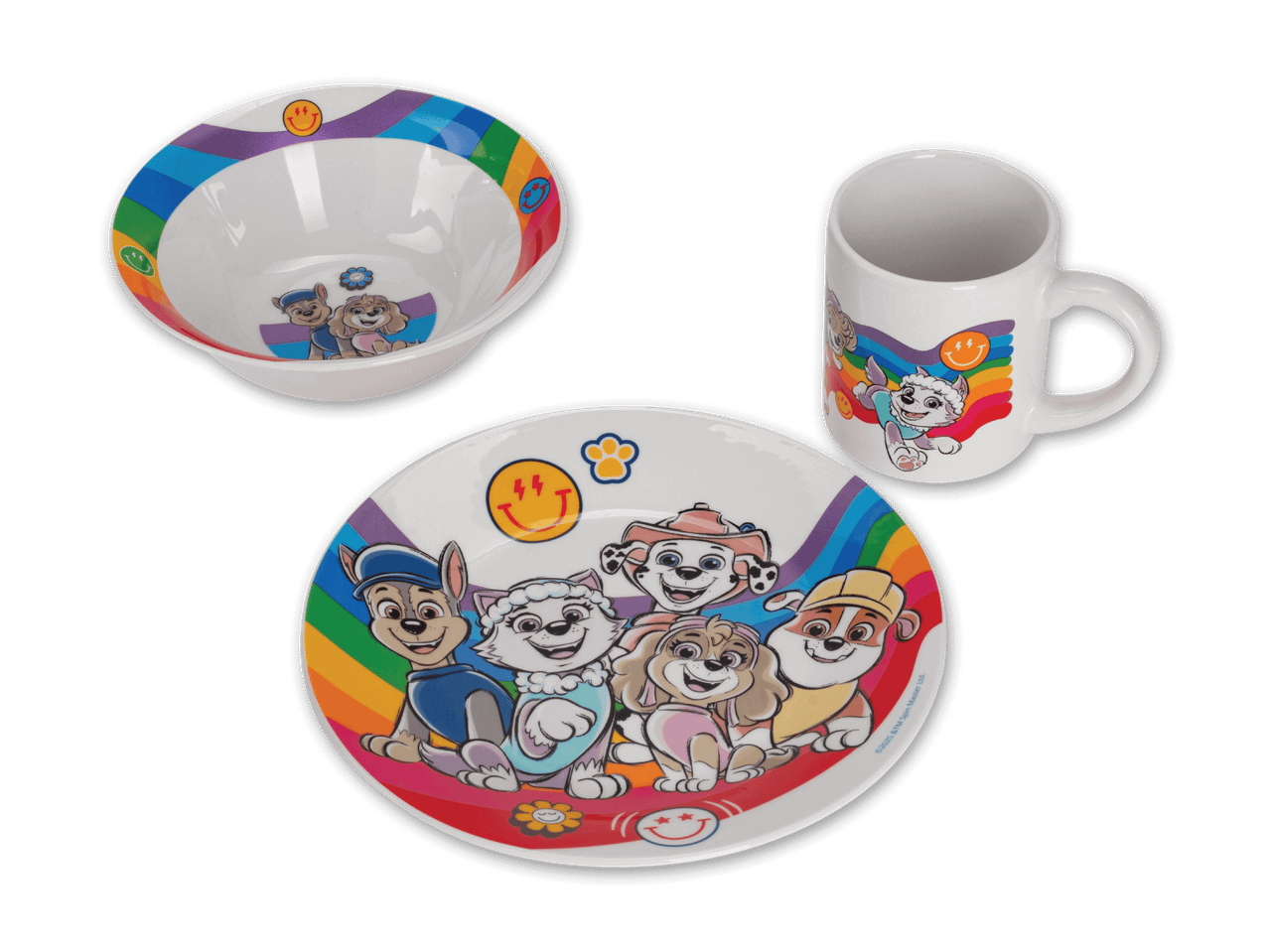 Paw Patrol Geschirrset mit Schüssel, Teller und Tasse, alle mit Regenbogen-Design und Charakteren.