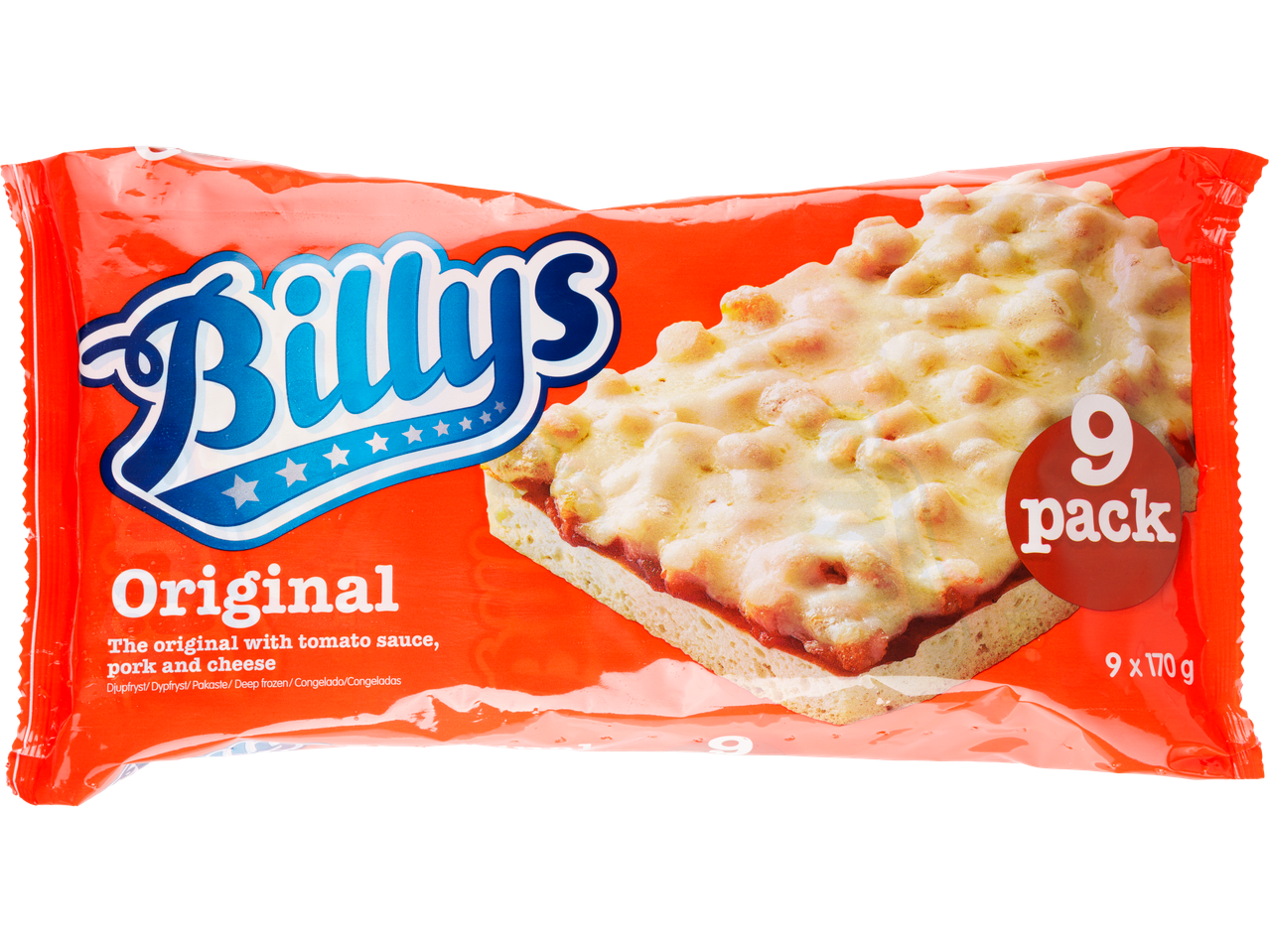Billy's Original pizzasnacks, 9-pack, i en klar orange förpackning.