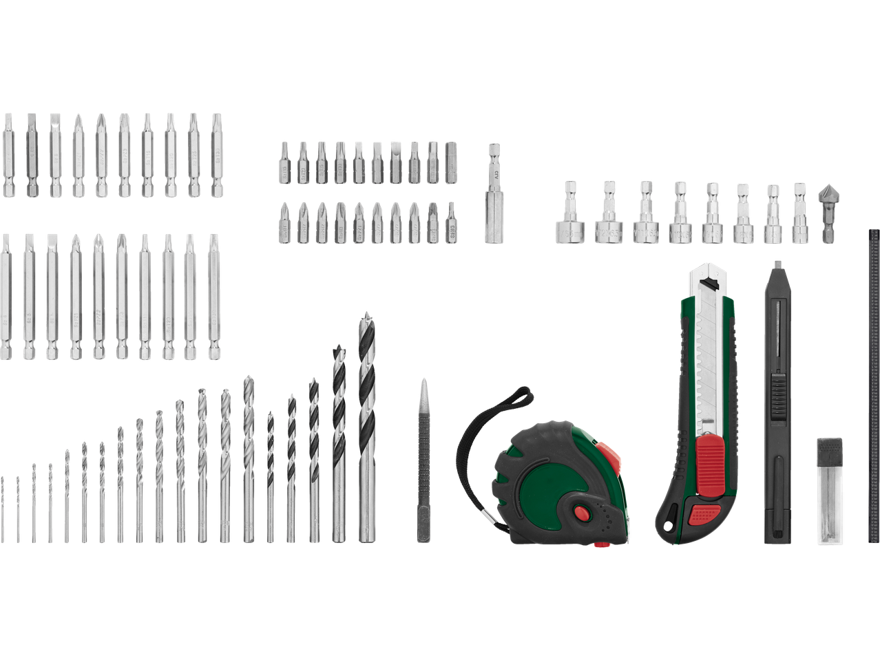 Urbju, skrūvgriežu uzgaļu, mērlentes un nažu komplekts.