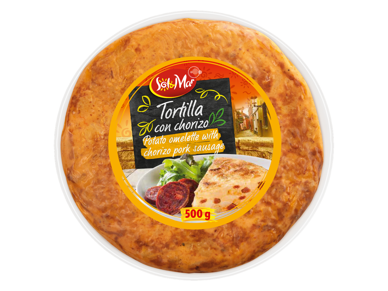 Sol y Mar Tortilla con Chorizo: Aardappelomelet met chorizo worst.