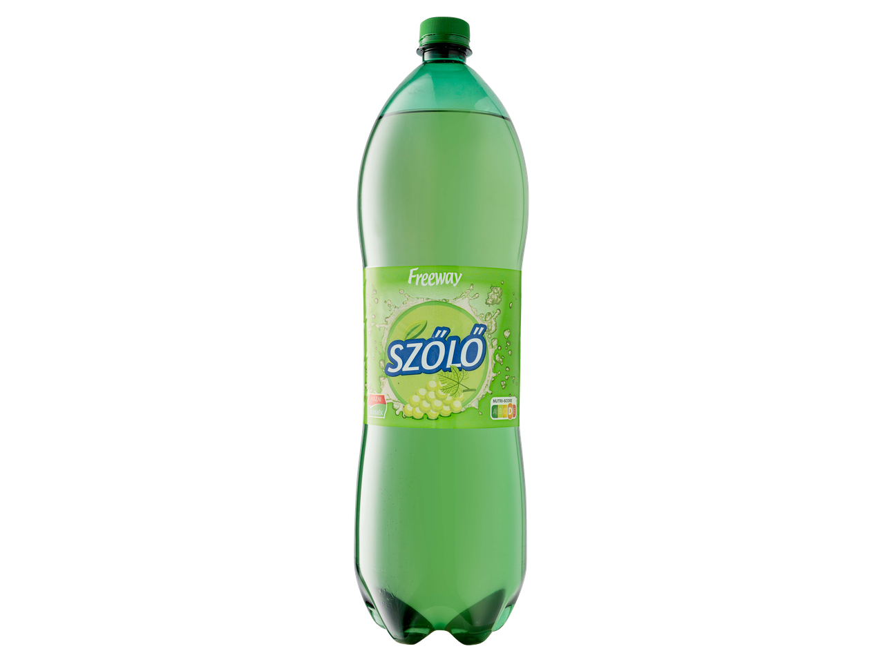 Zöld szőlőízű szénsavas üdítőital műanyag palackban.
