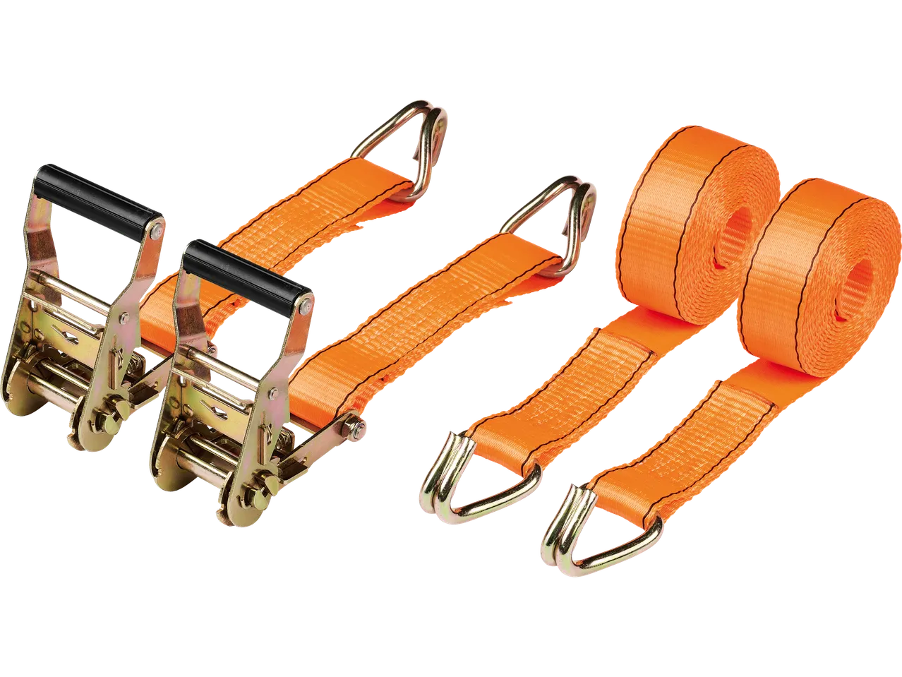 Oranžas kravas siksnas ar sprūdrata mehānismu un āķiem