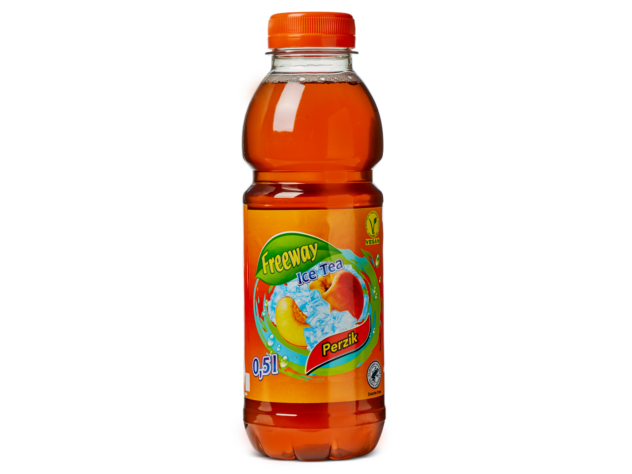 Freeway Perzik IJsthee fles met een vegan label en 0,5l inhoud.