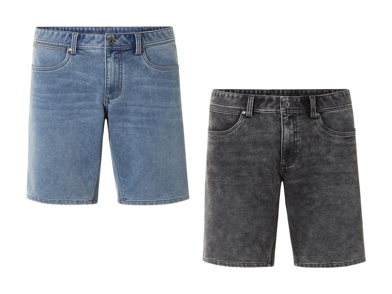 Zwei Jeans-Shorts, eine hellblau und eine dunkelgrau.