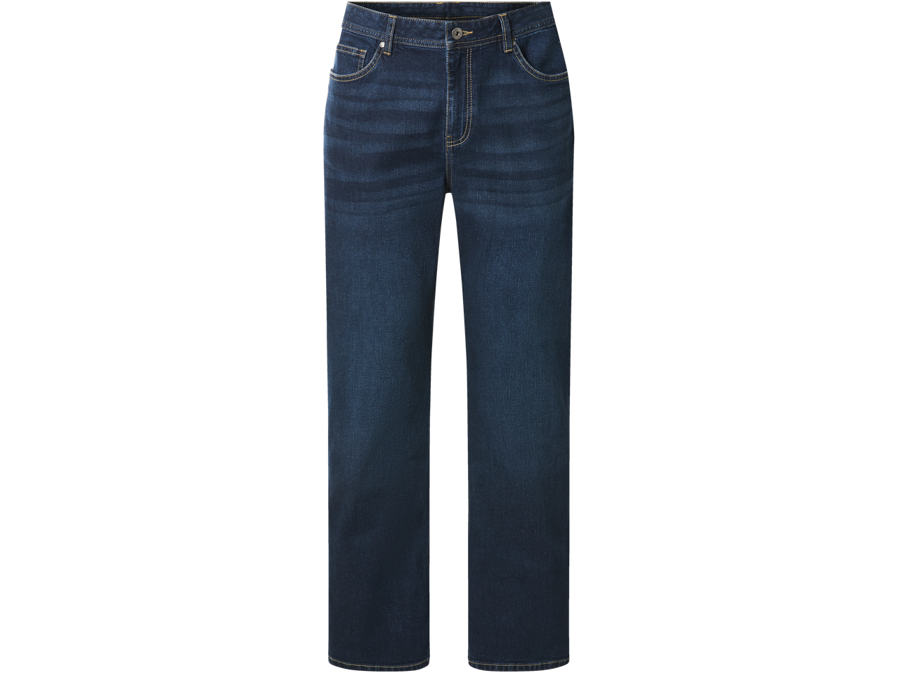 Donkerblauwe herenjeans met rechte pijpen en gele stiksels.