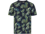 Una t-shirt blu navy con stampa a foglie tropicali.