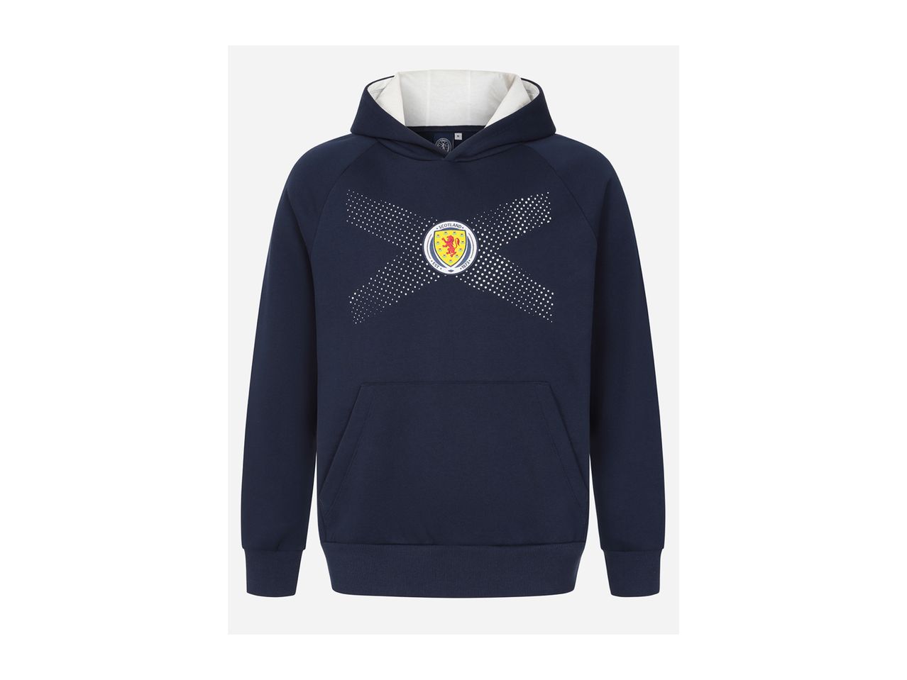 Navy blue hoodie with a white Scottish flag design made of dots and a circular crest.