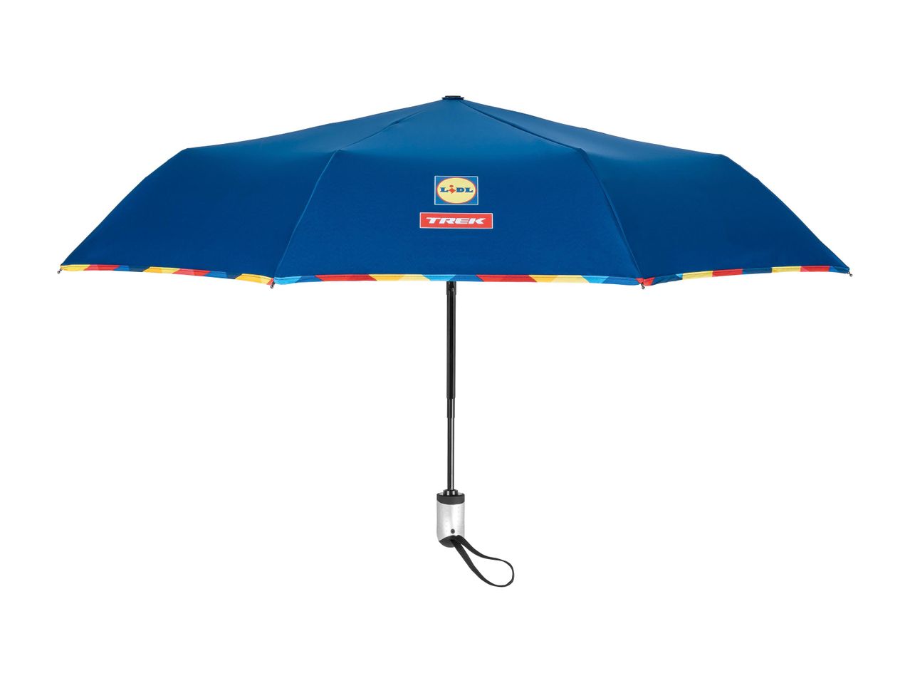Lidl és Trek márkájú, kék esernyő színes szegéllyel.