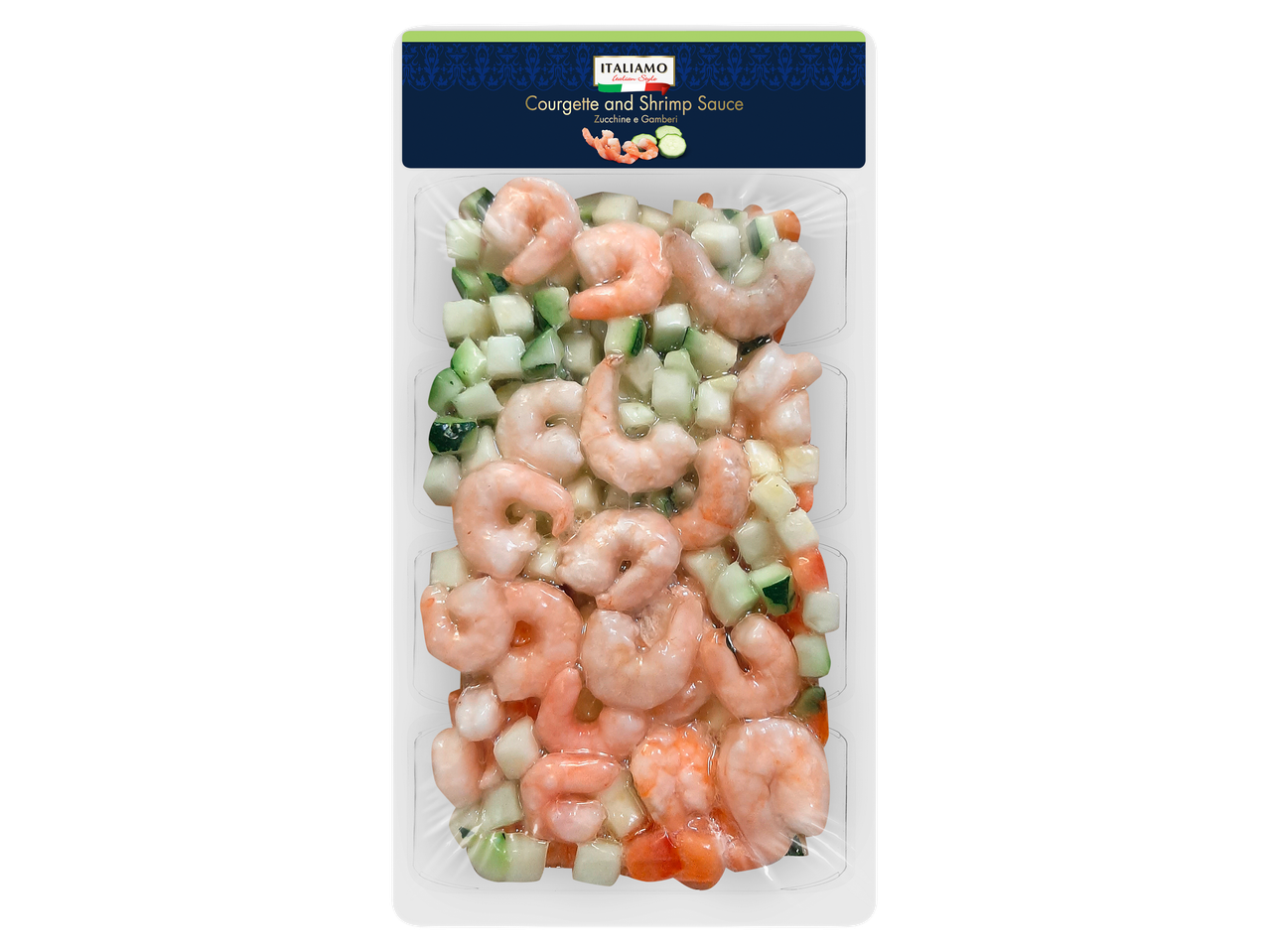 Cukkini- és garnélarák-szósz átlátszó csomagolásban.