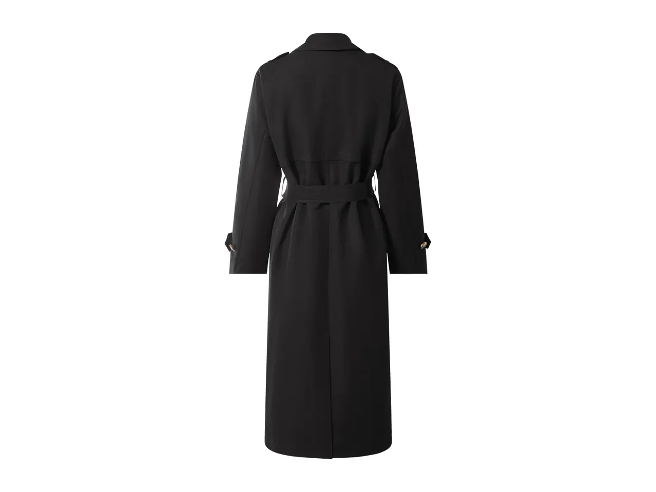 Black long trench coat with a belt, back view.
