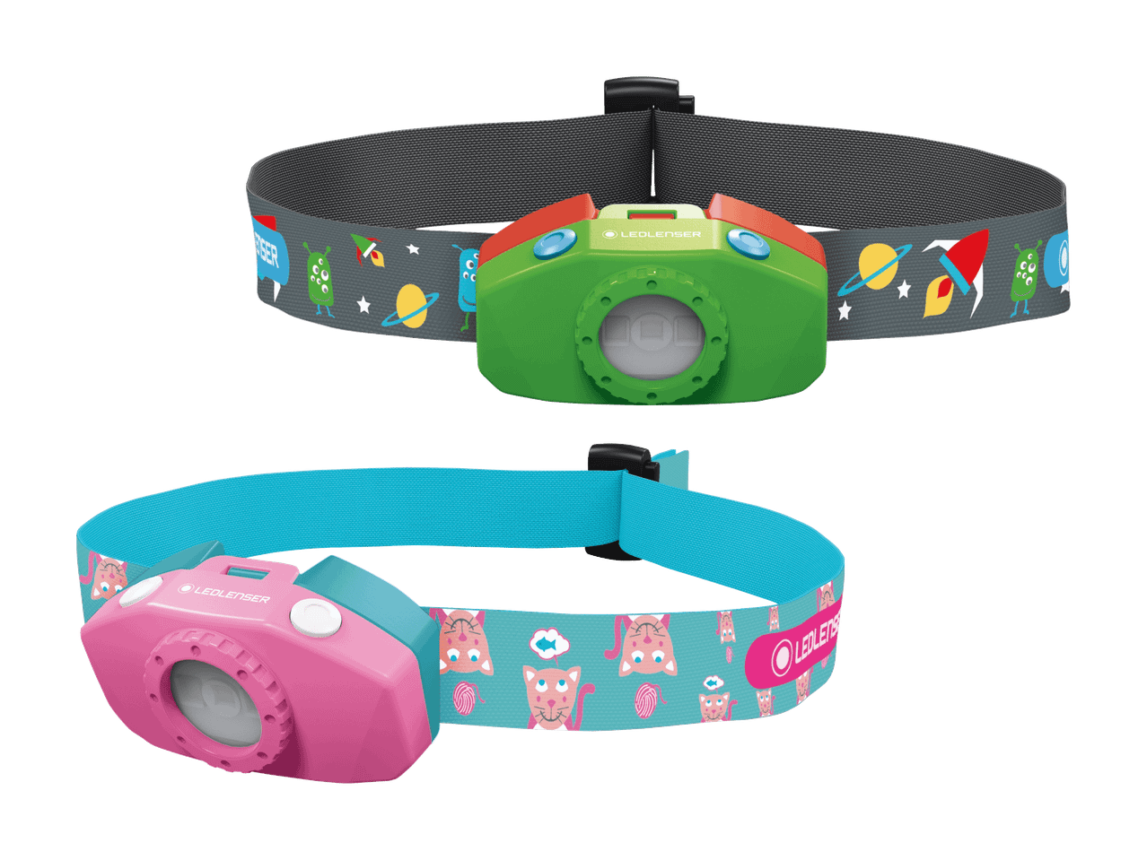 Deux lampes frontales Ledlenser pour enfants, une verte avec un thème spatial et une rose avec des chats.