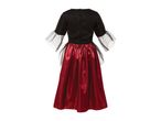 Back view of a black and red medieval-style dress with sheer sleeves.